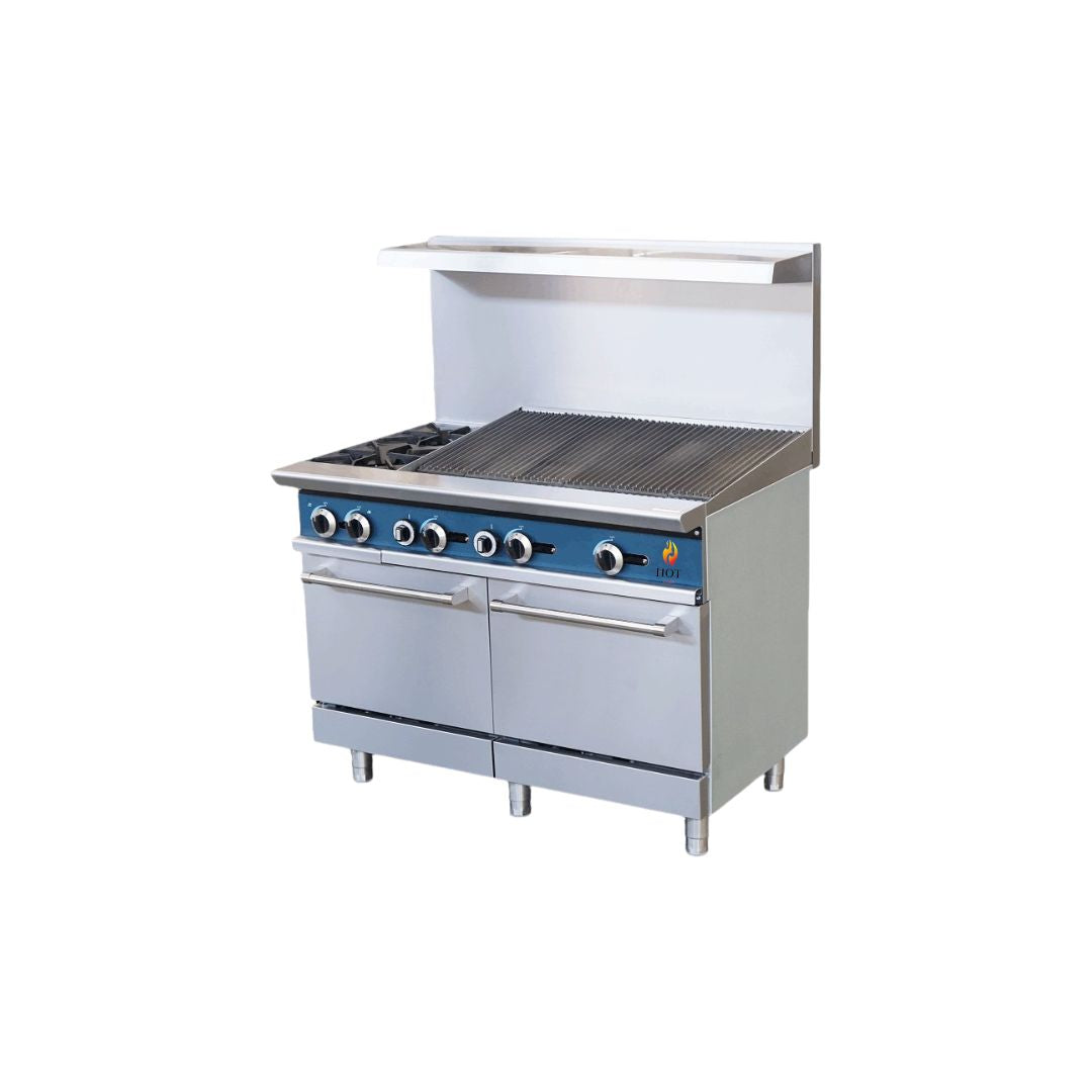 Gas Range with Built-In Convection Oven 24"w/12" Charbroiler top with 2 Open Burners HZ-CR24-12CB
