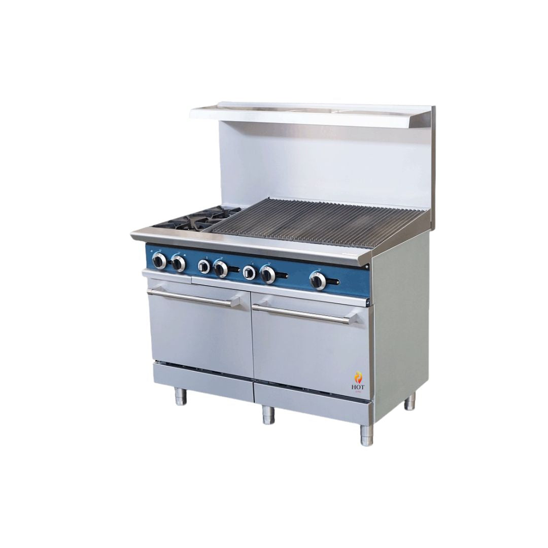 Gas Range with Built-In Convection Oven 24"w/12" Charbroiler top with 2 Open Burners HZ-CR24-12CB