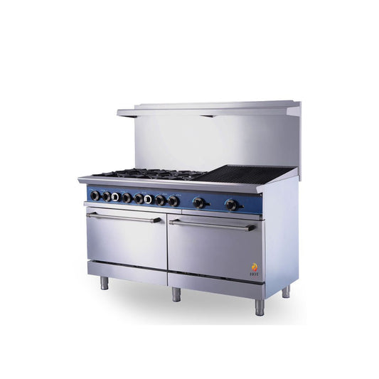 Gas Range with Built-In Convection Oven 60"w/24" Charbroiler top with 6 Open Burners HZ-CR60-24CB